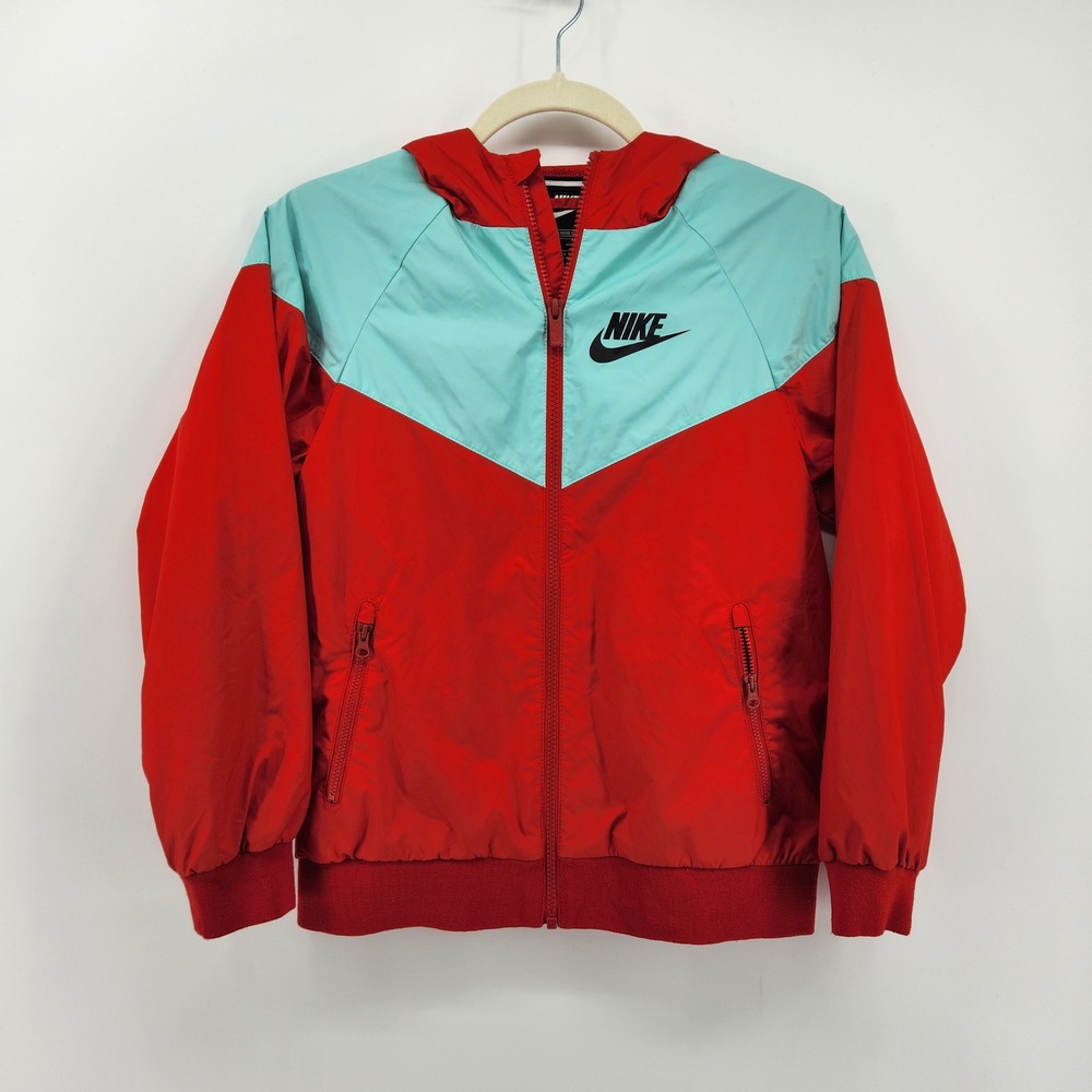 Nike Kids Windrunner Jacket Red Teal Hooded Full Zip Sportswear Size M